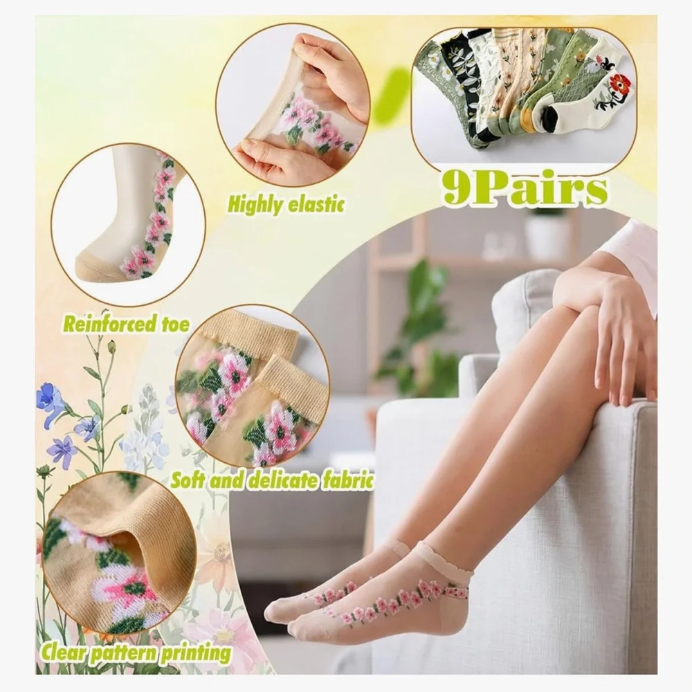 🆕 Floral Embroidered Sheer Ankle Socks - Beige & Assorted Floral Colors